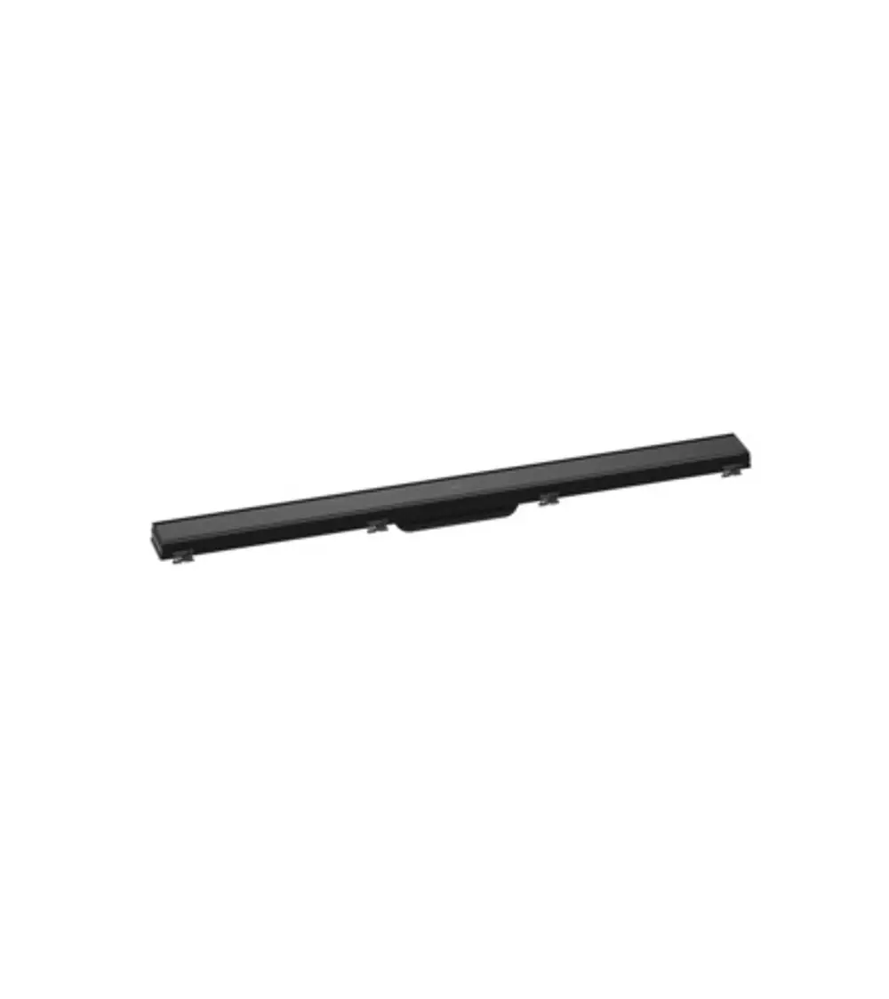 Schwarze Duschrinne mit gerader Form und höhenverstellbarem Rahmen. Sie gehört zur Produktreihe von Hansgrohe.